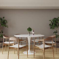 Dining room with table, chairs and plants, 3d render