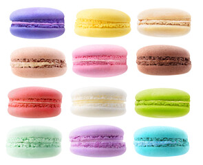 Isolated macaroons. Collection of multicolored macarons isolated on white background