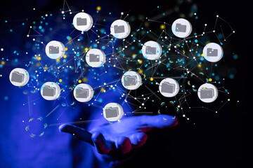 Augmented Analytics Data cloud storage network from lines, triangles and particle style design....