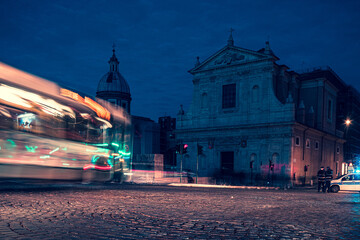 Fototapeta na wymiar Night scene of the traffic in Rome, Italy. long exposure photography