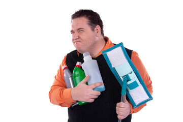 Cleaning and hygiene. Funny fat man with cleaning products. White background.