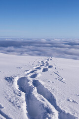 Fototapeta na wymiar Foot steps through deep snow above the fog in a beautiful winter landscape