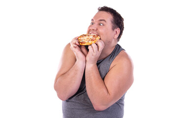 Diet and funny fat man. The fat guy is eating a small pizza. White background.