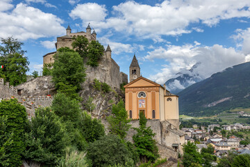 Saint Pierre Church and Castle set on a Rocky Mountain High in the Aosta Valley in Northern Italy
