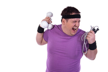 Funny fat guy doing fitness. Happy man and retro style. White background.