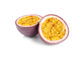 Fototapeta na wymiar Halves of delicious passion fruit (maracuya) on white background