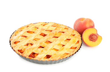 Delicious peach pie and fresh fruits isolated on white