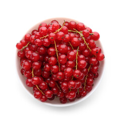 Delicious ripe red currants in bowl isolated on white, top view