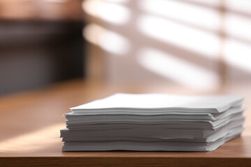Stack of blank paper on wooden table indoors. Space for text