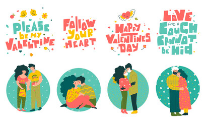 Couples lovers character set, valentine's day quotes hand lettering. Cartoon people vector illustration.
