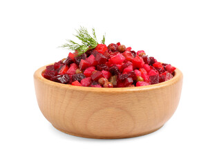 Traditional Russian salad vinaigrette in bowl isolated on white