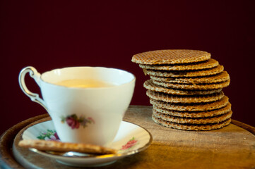 Diepenheim, Overijsel, Netherlands, 14th February 2020: Dutch traditional cookies, stroopwafels, toffi, caramel round cakes. 