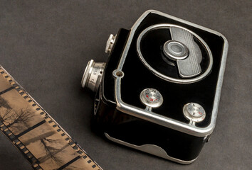 Film camera in vintage style. Historical device
