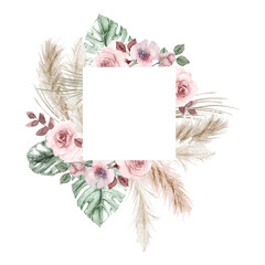 Watercolor boho exotic square frame. Tropical dried palm leafe, roses, pampas grass geometric frame. Romantic bohemian floral frame