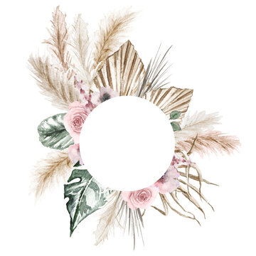 Watercolor boho exotic round frame. Tropical dried palm leafe, roses, pampas grass geometric frame. Romantic bohemian floral frame
