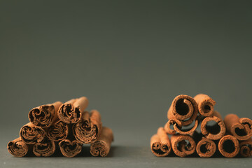 True cinnamon or Ceylon cinnamon sticks versus simple cinnamon spice sticks. Cinnamon sticks stacked in a pile on the dark green background