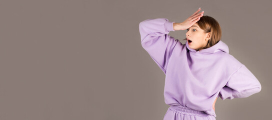 Shocked overhwelmed woman overreacting to stupid dumb mistake, forgot make important task, punch...