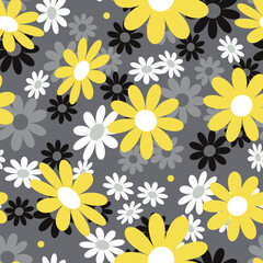 Cute abstract seamless pattern with big yellow,white chamomile flowers on the gray background. Summer floral vector illustration.