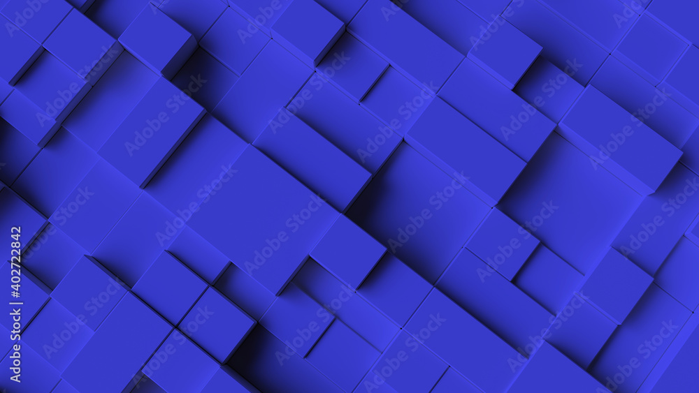 Poster horizontal composition of blue cubes of different sizes as background and texture..