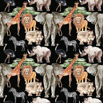 Safari African Animals Watercolor Seamless Pattern  Background