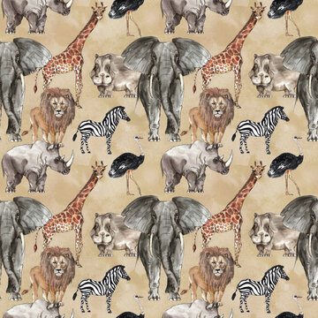 Safari African animals watercolor seamless pattern  background