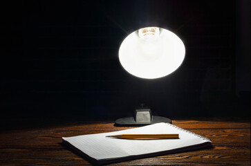 A notebook illuminated by a table lamp