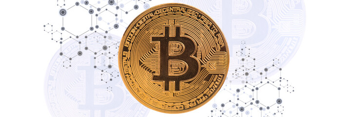 Golden bitcoins on the headline background