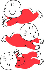 赤色のベビー服を着た3人の笑顔の赤ちゃん