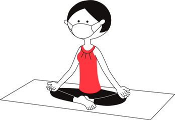 マスクをしてスカ・アーサナ（安楽座のポーズ）のポーズでヨガレッズンをするボブヘアの女性