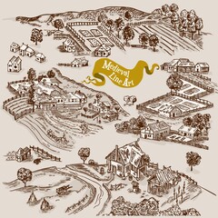 Medieval map elements engraving and woodcut style vector cartography illustration