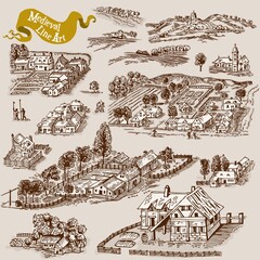Medieval map elements engraving and woodcut style vector cartography illustration