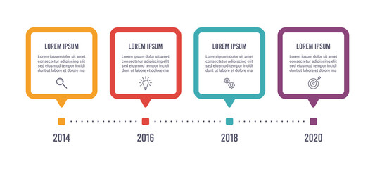 business timeline infographic template with icons and 4 steps or options. Process diagram, workflow, flow chart.