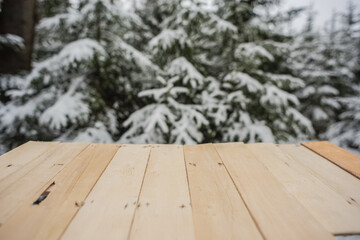 Empty table in the foreground with wooden boards
Nice cold day and blurred background.
Wintry with forest