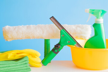 Professional cleaning set for window, mirror or other glass surfaces washing. Light blue...