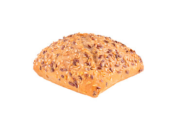 Isolated clipping path white background of organic flour mixed gold brown bread homemade baked italian ciabatta french toast baguette whole wheat rye oat loaf with healthy seed gluten free