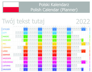 2022 Polish Planner Calendar with Horizontal Months on white background