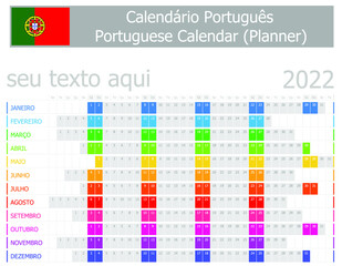 2022 Portuguese Planner Calendar with Horizontal Months on white background