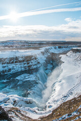 Gullfoss waterfall in Iceland, in winter, sunny day