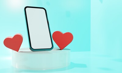 Podium with mobile phone with valentine theme. 3d illustration.