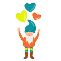 A gnome with a beard catches hearts for Valentines Day in cartoon style isolated on a white background. A fabulous little character for Valentines and postcards.
