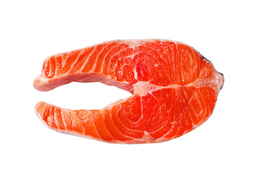 Tasty Raw Salmon Steak Isolated On White. Raw Fish Steak, Cut Out.