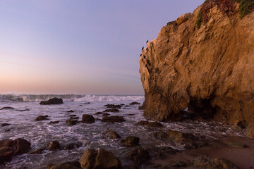 Fototapeta na wymiar Cormorants on cliff at sunrise in Malibu, California 
