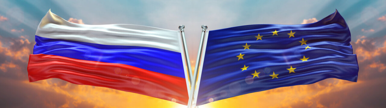 Double Flag  European Union vs Russia waving flag with texture sky clouds and sunset background