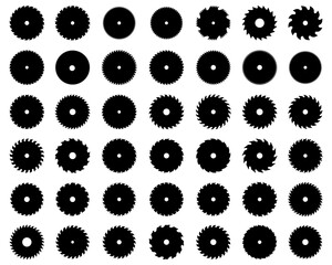 Black silhouettes of circular saw blades on white background	