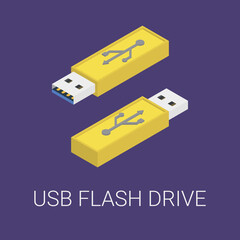 Vector isometric illustration, usb flash drive in minimalistic volumetric in the colors of the year 2021. Ultimate grays and illuminating. On a dark blue background. Design template for, icons, logos.