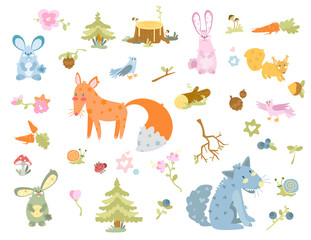 animals set fox, rabbit, wolf, snail, squirrel nature graphic forest