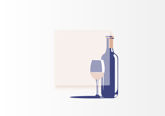A bottle of wine and a glass next to it. Above is a glass surface in the style of glassmorphism or neomorphism