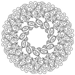 Abstract mandala with juicy grapefruit, vitamin citrus whole and half in the form of a round frame coloring page