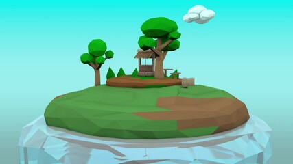 3d animation of a low-poly plot of land with a well and water. Loop animation, illustration of an eco-friendly area, outdoor recreation, rural lifestyle.
