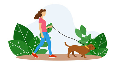 The woman is walking the dog. Illustration in flat style